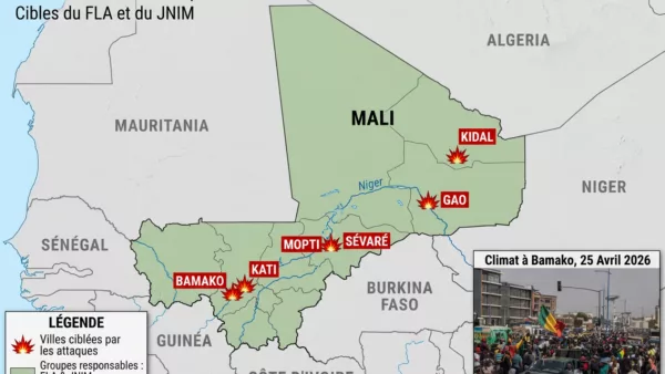 Carte du Mali indiquant les six villes frappées le 25 avril 2026 — Bamako, Kati, Kidal, Gao, Sévaré et Mopti — lors d'attaques coordonnées du FLA et du JNIM