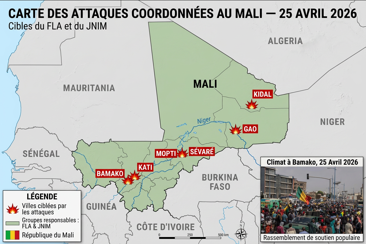 Carte du Mali indiquant les six villes frappées le 25 avril 2026 — Bamako, Kati, Kidal, Gao, Sévaré et Mopti — lors d'attaques coordonnées du FLA et du JNIM