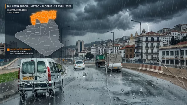Oued en crue traversant une zone urbaine en Algérie lors de fortes pluies printanières, avril 2026, alerte météo orange ONM