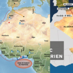 Carte du tracé du gazoduc Nigeria-Maroc longeant la côte atlantique africaine, avec localisation du gisement offshore Grand Tortue Ahmeyim entre le Sénégal et la Mauritanie.