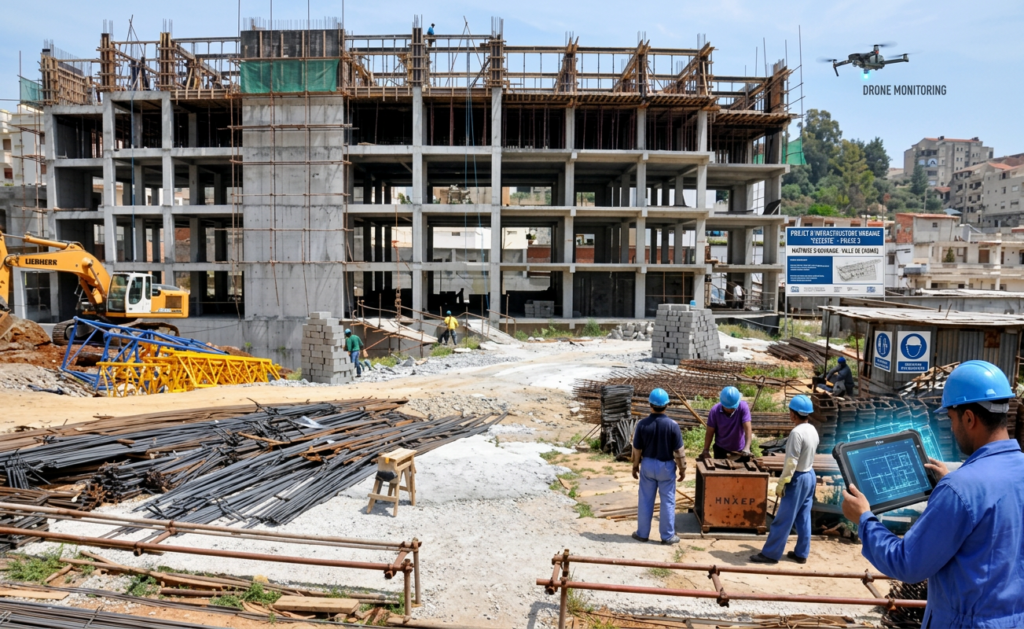 Chantier de construction en Algérie avec des ouvriers étrangers, secteur BTPH, 2026