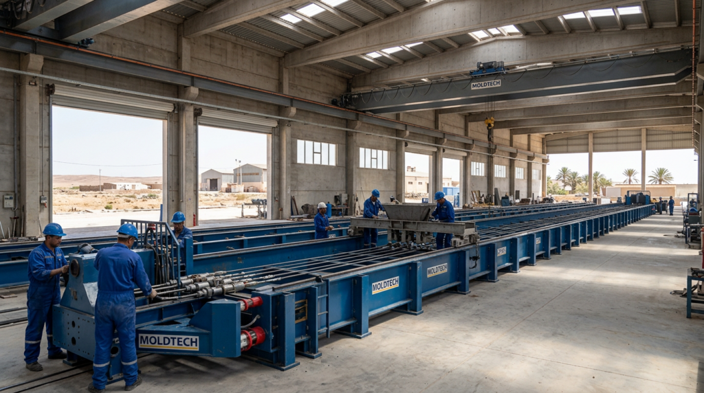 Moule TT autoportant Moldtech de 40 mètres monté dans une usine algérienne de préfabrication béton précontraint — avril 2026