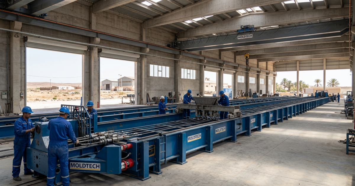 Moule TT autoportant Moldtech de 40 mètres monté dans une usine algérienne de préfabrication béton précontraint — avril 2026