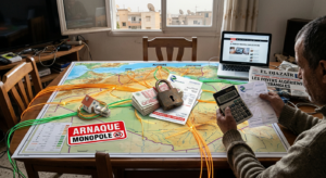 Carte d’Algérie avec fibre et symbole d’arnaque de l’opérateur unique