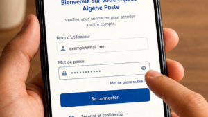 Illustration d’un smartphone affichant un faux formulaire de connexion imitant Algérie Poste, avec une icône de croix rouge sur un lien « suspicion phishing » à côté.