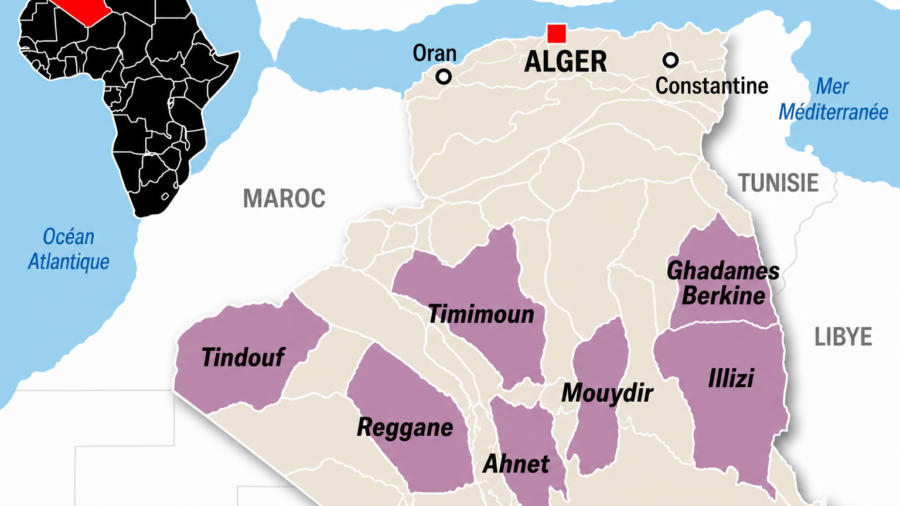 Techniciens Sonatrach sur une tête de puits dans le désert de l'Ahnet, Algérie du Sud, lors d'une campagne d'exploration de gaz de schiste.