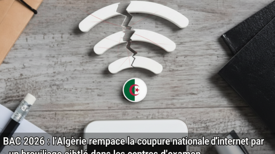 Candidats au baccalauréat 2026 en Algérie devant un centre d'examen, illustration de la nouvelle politique de brouillage ciblé sans coupure nationale d'internet